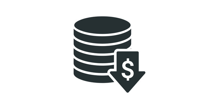 Stack of coins with down arrow and dollar symbol for finance design.