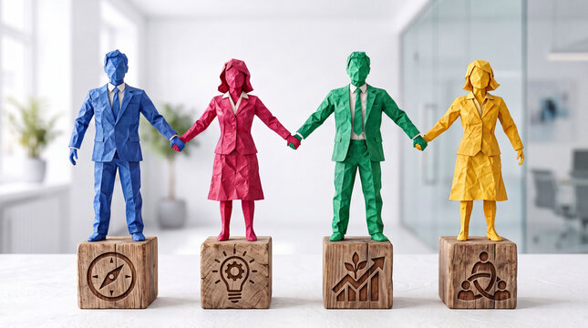 Colorful Paper Business People Figures Holding Hands for Teamwork and Business Unity. Standing on wooden blocks in a modern office