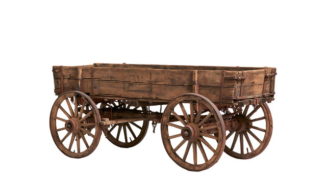 Rustic weathered wooden farm wagon with large spoked wheels
