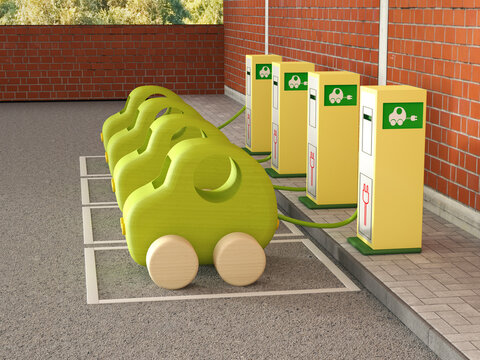 Electric Vehicle Charging Station, symbol on asphalt, car park, wooden cars