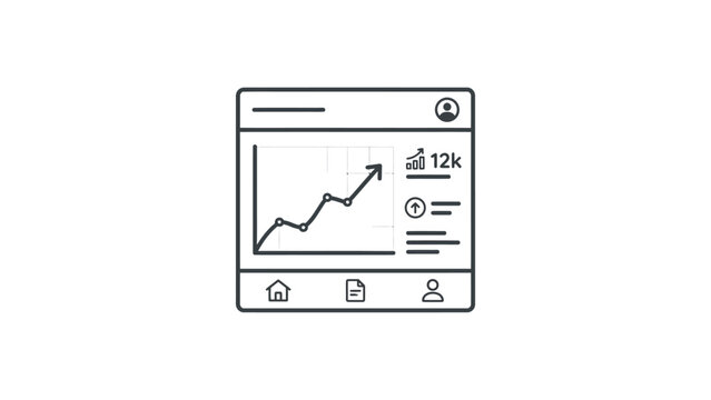 Business Analytics Dashboard Icon: Upward Trend Graph, 12k Metrics, User Profile, and Navigation Icons on White Background