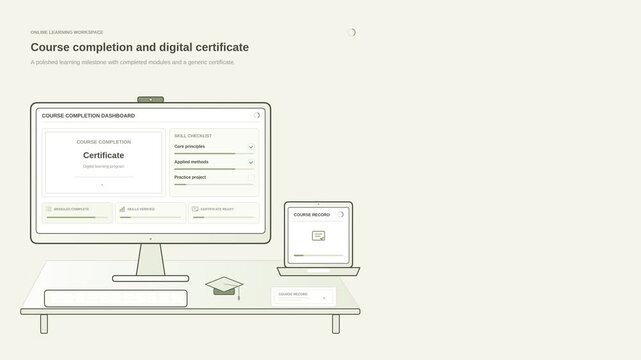 Course completion and digital certificate animation with achievement status, milestone and credential display, clean e-learning motion graphic for online education, training and student success