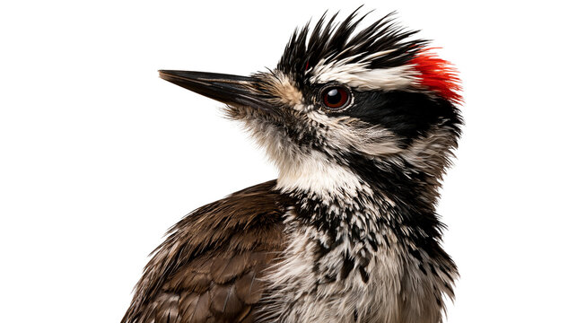 Close up portrait of a male hairy woodpecker with red crest and black white plumage