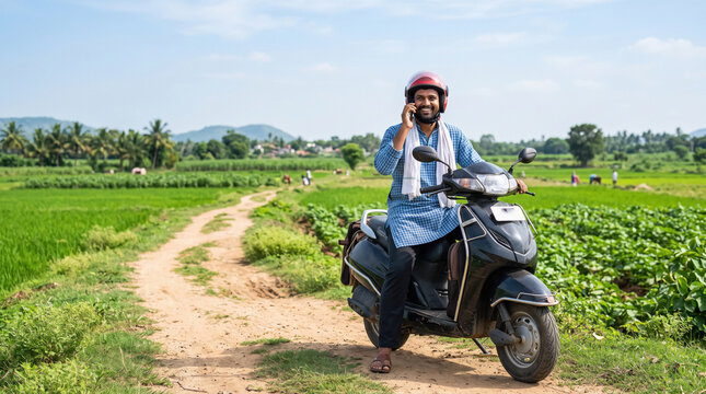 Indian farmer sitting on a red motorcycle talking on smartphone at agricultural field