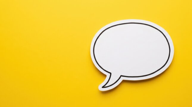 A white speech bubble cutout placed on a vibrant yellow background, representing communication, dialogue, and messaging concepts