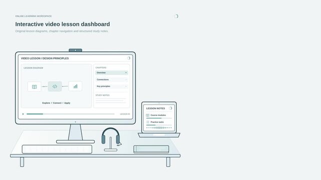 Interactive video lesson dashboard animation with playback controls, course content and student learning interface, clean e-learning motion graphic for online classes, tutorials and digital education