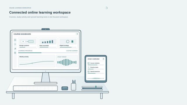 Connected online learning workspace animation with desktop and mobile study tools, course access and synced interface, clean e-learning motion graphic for digital education and remote study