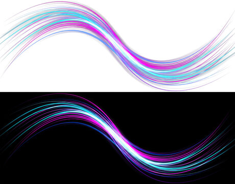 Wavy light trails in cyan and magenta flowing across a gradient background with motion blur isolated on transparent and black background