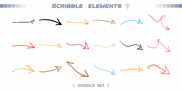 Hand drawn sketch arrow bundle with double headed and curved pointers. Freehand marker direction symbols for diagrams. Colorful rough brush strokes in thick styles. Vector pack for slides.