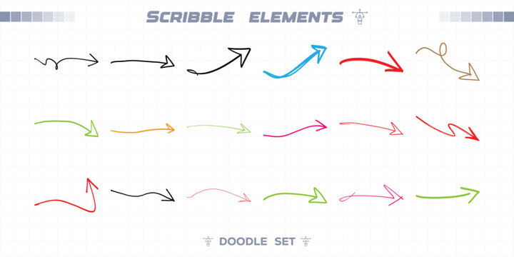 Hand drawn curved arrow collection with loops and swirls. Freehand marker sketch pointers for infographic design. Colorful bold and thin brush stroke symbols. Vector arrow pack for web.