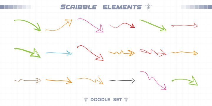 Bold brush hand drawn downward and forward arrow collection. Freehand marker sketch pointers with wavy zigzag lines. Colorful rough stroke direction symbols. Vector bundle for infographic.