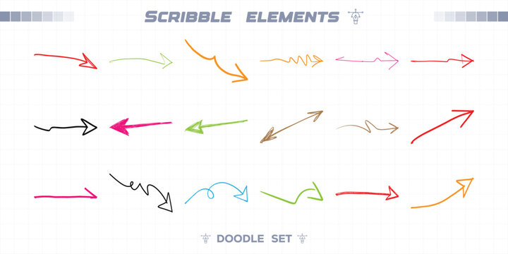 Hand drawn left and right pointing arrow set with double headed styles. Freehand marker sketch symbols with loops and curves. Colorful brush stroke pointers for diagrams. Vector pack.