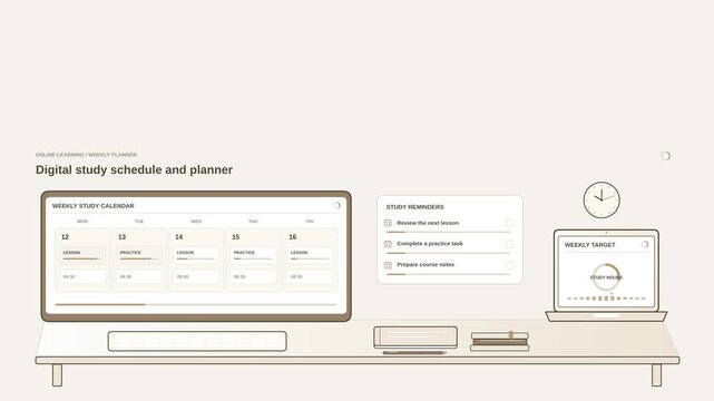 Digital study schedule and planner animation with calendar, study sessions and organized learning tasks, clean e-learning motion graphic for online students, time management and education planning
