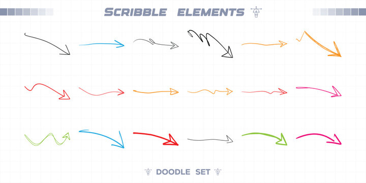 Wavy zigzag hand drawn arrow set with thin and thick marker lines. Freehand sketch direction pointers for infographic design. Colorful curved downward brush arrows. Vector pack for web.