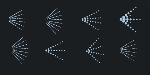 Fototapeta premium Spray blue steam icons lines, dotted. Vector cleanning deodorant sprayed line icon set, spraying water steam nozzle flows vector signs