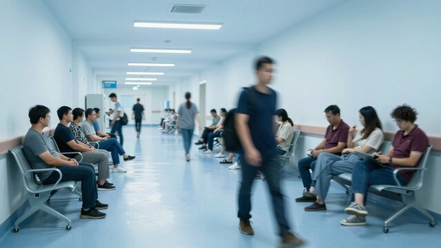 People sit quietly on metal chairs in a long sterile hallway of a modern medical facility while others walk past.