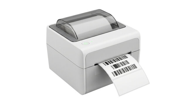 Thermal label printer for shipping and logistics, professional barcode printer with adhesive sticker roll, white desktop electronic printing device isolated PNG with Transparent Background