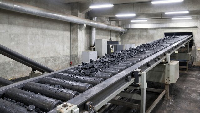 A robust mining conveyor system moves coal through an underground processing plant with concrete walls and overhead lighting.