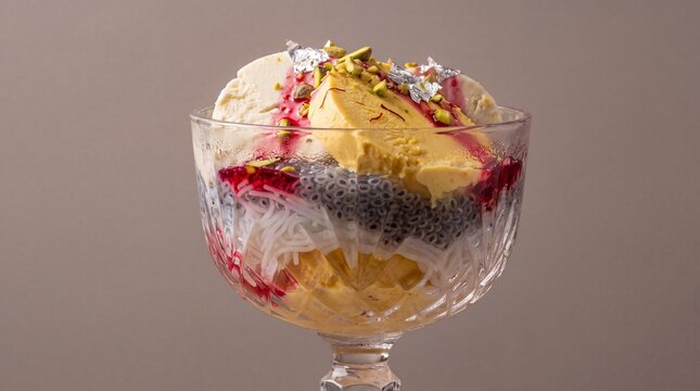 Delicious kulfi falooda dessert with vermicelli basil seeds and rose