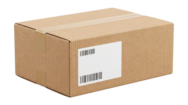 Brown cardboard shipping box with white barcode label, corrugated paper delivery package for e-commerce logistics, sealed mailing carton for retail isolated PNG with Transparent Background