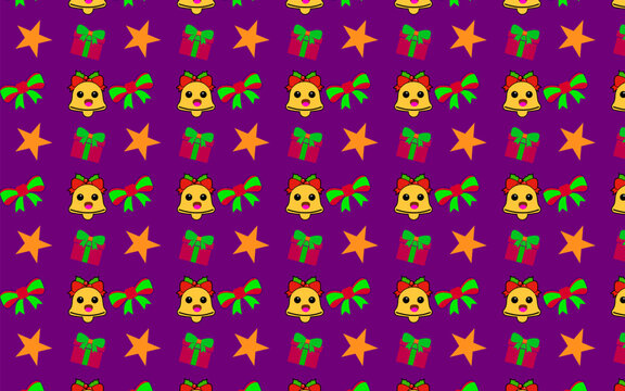 Cheerful repeating Christmas pattern on purple background featuring yellow star, red gift box, green bow, and cat emoji with bow, perfect for holiday decoration and seasonal design.