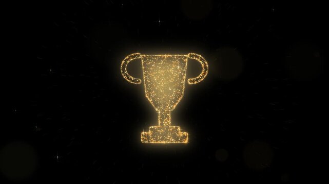 Gold glitter particles flying in to build a winner trophy on a black background with a sparkling burst and shimmering hold