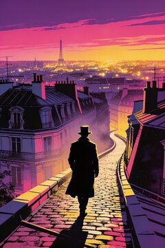 A mysterious man in a top hat walks across Parisian rooftops beneath a glowing violet dusk sky in bold cinematic pop art style