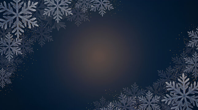 Elegant winter scene with frosty snowflakes and a glowing central point blending into a deep blue night sky perfect for holiday