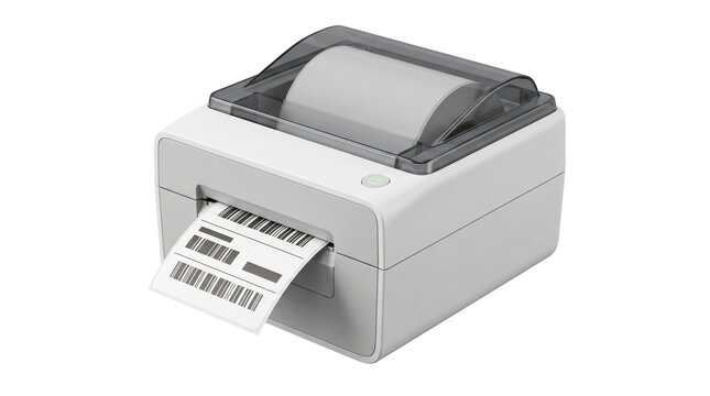 Industrial thermal label printer with barcode sticker, white desktop shipping printer for logistics, professional warehouse barcode printing equipment isolated PNG with Transparent Background