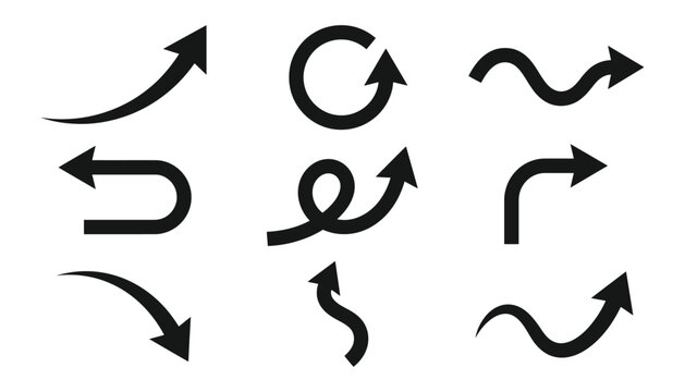 Set of various black arrow symbols for direction and navigation with indicator