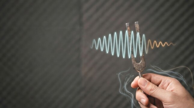 Person holding a metal tuning fork to visualize ai signal extraction through the resonating action of a familiar tool in a creative context