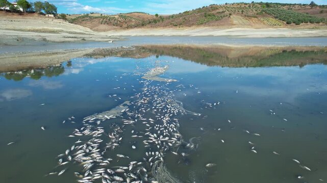 Flying over deeply cracked mud of dried out lake revealing tragic ecological crisis imagery