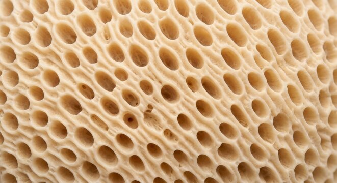 Macro close-up of a porous beige organic surface with oval cellular cavities in a repeating pattern, soft cream tones - Natural biomorphic texture background for design