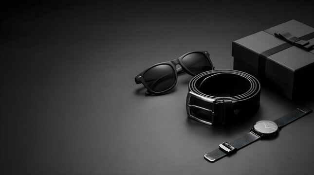 Black friday fashion accessories arrangement featuring sunglasses, a leather belt, a wristwatch and a gift box on dark background. Special seasonal discount offer and shopping event preparation.