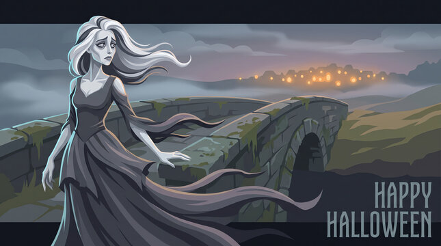 Mysterious banshee in flowing gown standing on ancient stone bridge