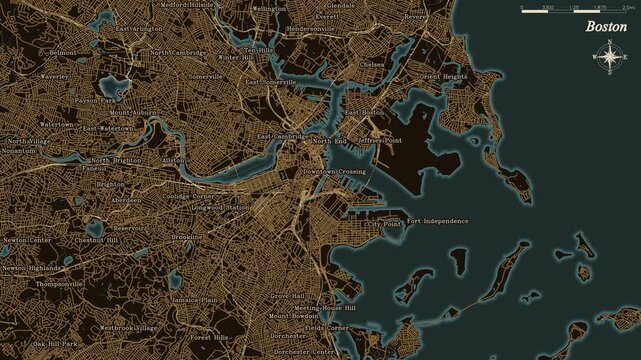 digital map of Boston highlights intricate street networks and surrounding waterways, flowing pulsating lights representing traffic