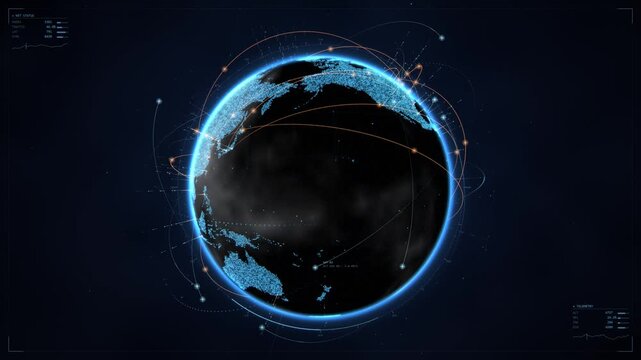 digital earth rotates and zooms in to highlight Israel with telemetry data overlays, satellites and network connections
