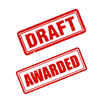 Red draft and awarded rubber stamps isolated on a transparent background