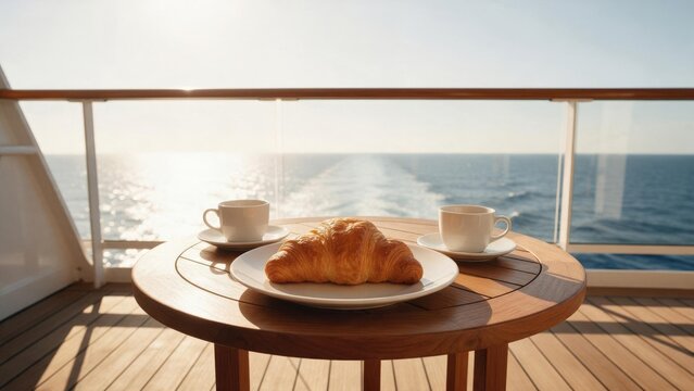 Breakfast with croissant and two cups of coffee on a round teak table on a sunny yacht deck with glass railing overlooking the open sea - Luxury cruise travel and morning at sea