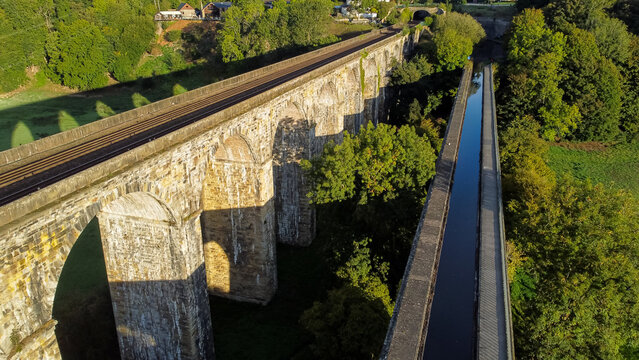 Aerial view of Chirk Aqueduct and Chirk Viaduct running parallel over the river Ceiriog 