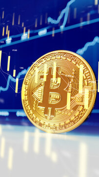 Bitcoin coin displayed with digital charts in the background showing market trends during a trading session