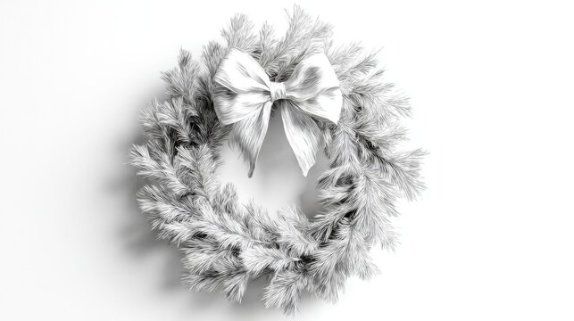Christmas Wreath with Bow. A festive evergreen wreath adorned with a large satin bow, perfect for holiday decoration and seasonal greetings