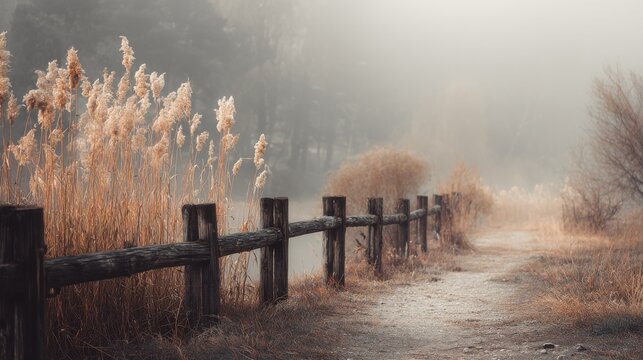 Autumn Path Through Reeds. A rustic wooden fence lines a gravel path surrounded by tall, dry reeds and soft morning mist