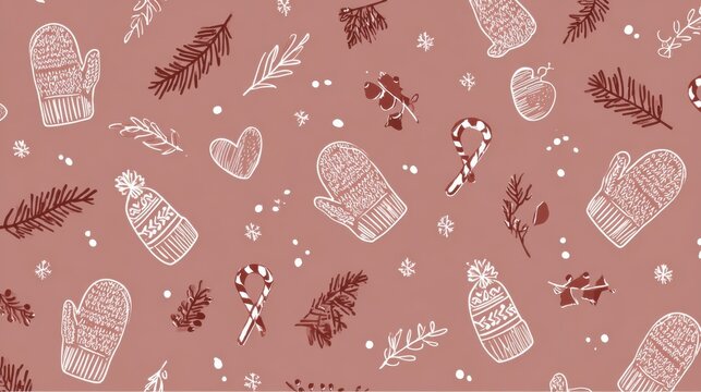 Winter Holiday Pattern. A charming hand-drawn pattern featuring winter holiday elements like mittens, beanies, candy canes, and pine branches on a muted background