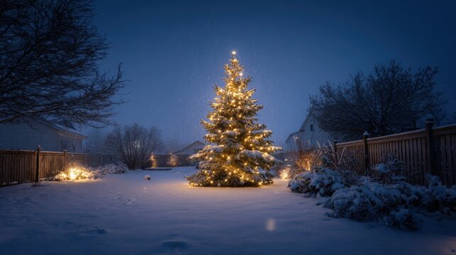 Decorated Christmas Tree in Snow. A beautifully decorated Christmas tree glows with warm lights in a snowy backyard under a clear night sky
