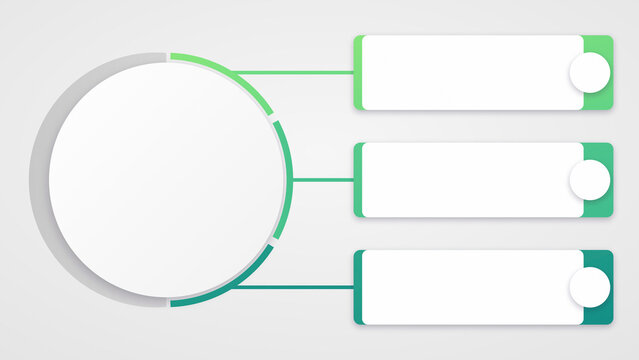 3 step green infographic diagram template connected to central circular hub for business options analysis and strategy presentation.