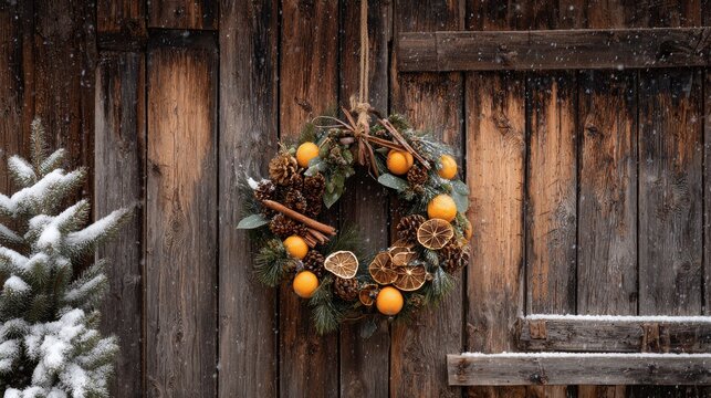 Rustic Christmas Wreath on Wood. A festive Christmas wreath adorned with oranges, pinecones, and cinnamon sticks hangs on a weathered wooden door during a snowy day