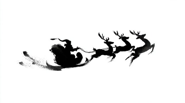 Santa Claus Sleigh Ride Art. A minimalist ink wash painting depicts Santa Claus in his sleigh pulled by reindeer across a white background