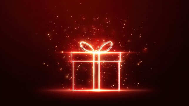 Glowing Christmas Gift Box. A neon outline of a gift box with a bow glows brightly surrounded by sparkling particles on a dark red background