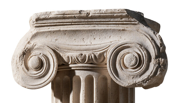Weathered ancient Greek Ionic column capital with volute scrolls and fluted shaft